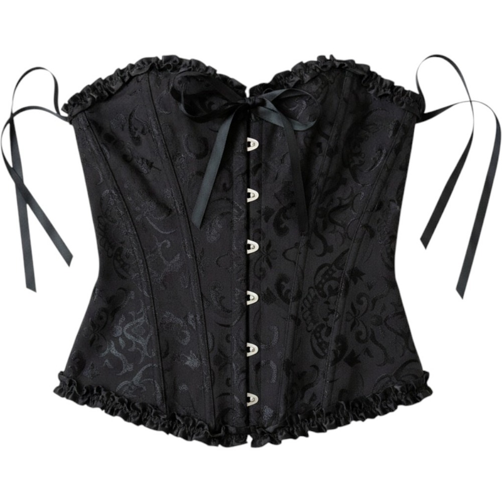 Brocade Corset Top M Black Damask Lace Up Boned Gothic Coquette